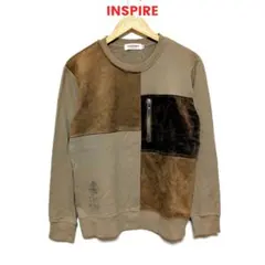 インスパイア クルーネックトレーナー スウェット パッチワーク ベージュブラウン