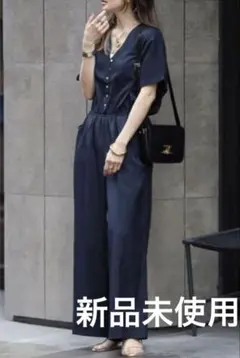 【新品】BONJOUR SAGAN ウエスト切替Vネックオールインワン　ネイビー