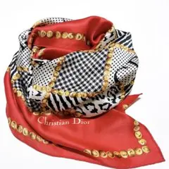 クリスチャン ディオール レオパード ドット 千鳥 チェック 大判スカーフ 赤系