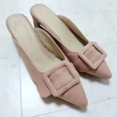 新品 ミュール 25cm バックル ベルト ピンクベージュ 太ヒール サンダル