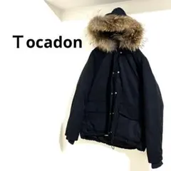 Ｔocadon ファー付きダウンジャケット ネイビー袖絞りあり ファータヌキ