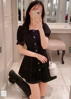 GRL スクエアネック配色ステッチフレアミニワンピース［nh51］