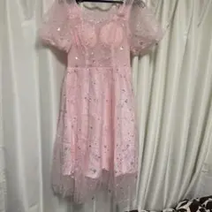 【4/26処分】ビーズ装飾 パフスリーブ ピンクドレス