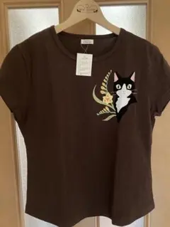 最終価格 猫付きダークブラウンTシャツ　フレンチ袖