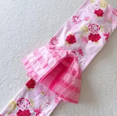 美品　120 日本織物　浴衣　ピンク　蝶　花　リボン　兵児帯