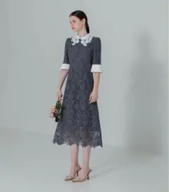 leja 花柄レースカラースパンコール刺繍Aラインフレアドレスワンピース