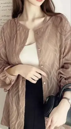 ベージュ 波模様 長袖シャツ Mサイズ　シアーシャツ