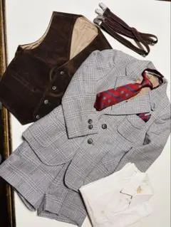 男児ウール100%スーツセット　グレーブラウンチェック