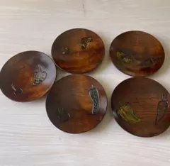 木製茶托 5枚セット 野菜彫刻