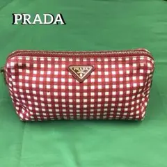 ❣️PRADA プラダ❣️ 赤いギンガムチェック 柄　キャンバス　小物ポーチのサムネイル