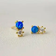 ピアス 2連 プチ 青 キラキラ ブルー オパール風 ゴールド