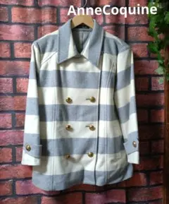 3L/AnneCoquine グレーとホワイトのストライプピーコート