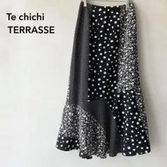【テチチテラス】フレアスカート 小花柄 ドット パッチワーク ロング モノトーン