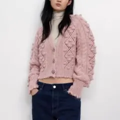【ZARA】ポップコーンニットカーディガン ピンク