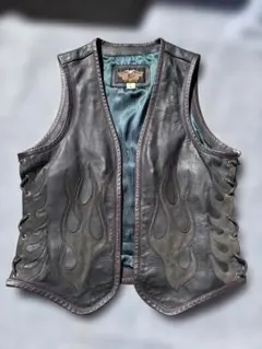 HARLEY DAVIDSON レザーベスト ファイヤーパターン エンボス L