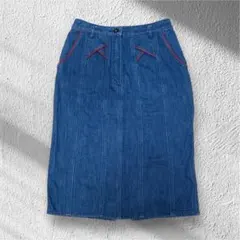 リリーブラウン　デニムスカート　春服　古着　青×赤　スリット　M カジュアル