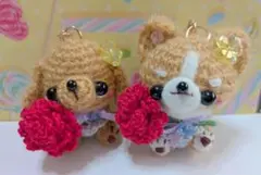 みーたん様専用です♪編みぐるみキーホルダー★キャメルチワワ・母の日カーネーション