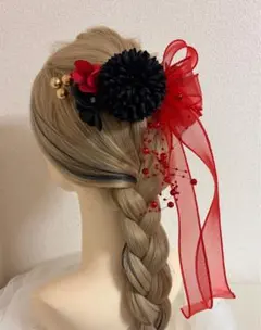 【成人式・卒業式・七五三に】ポンポンマムとリボンの髪飾り