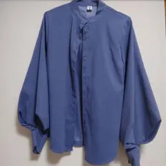 ブルー 長袖シャツ スタンドカラー