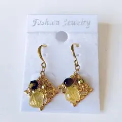 イエロークオーツ天然石揺れるレースデザインピアス