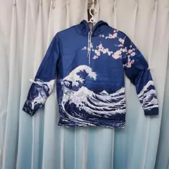 【連休セールいいね感謝値下げ中】波と桜のプリント フード付きパーカー