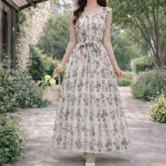 希少デザイン ローラアシュレイ ノースリーブワンピース L 花柄 プリーツ