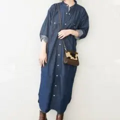 シップス 別注 Wrangler デニム 長袖 シャツワンピース バンドカラー