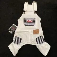 【新品】犬服　ホワイト　デニムオーバーオール　5号　ボーダーポケット付き
