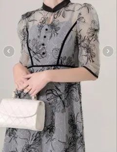 【LEJA】配色パイピングプチハイネック花柄刺繍ラメレースロング丈ドレス