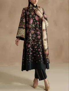 [V-29] プレミアムビスコース✨漆黒の秋フローラル クルタセット　刺繍パンツ