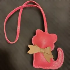 猫型ピンクPCレザーチャーム リボン付き 約10cm