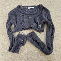 ZARA ダメージ加工 クロップドニット M グレー 長袖 レディース