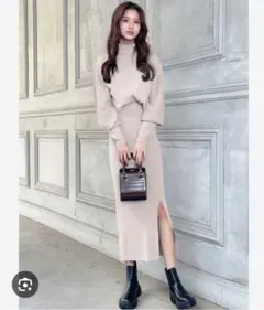 GRL マトンスリーブ ニット スカート セットアップ ベージュ【匿名配送】