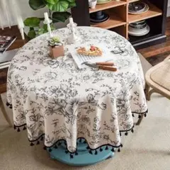 新品 テーブルクロス 花柄 ボタニカル 丸 サークル フリンジ アンティーク m