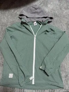 フード付きジャケット【美品】 緑とグレー チェック柄 サイズＬ