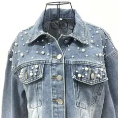 パール装飾　デニムジャケット Gジャン 　ダメージ加工　クロップド丈　M