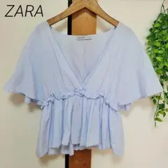 ZARA ザラ ブラウス チュニック フリル ブルー 青 半袖 S