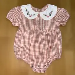 赤色 チェック フリル襟 ロンパース