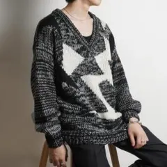 vintage ニットセーター ローゲージ メランジ ブラック/V379