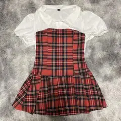 チェック柄ミニワンピース .レースブラウス　セットM
