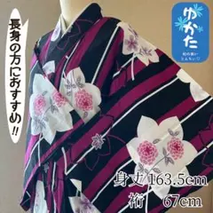 k257モダン浴衣【美品】黒×濃紫 ストライプに大花柄 身丈163.5 裄67