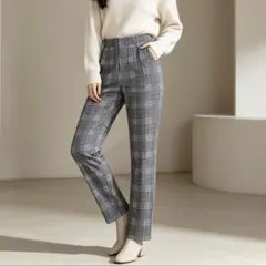 裏起毛✨グレンチェック柄 ストレートパンツ Mサイズ グレー 楽ちんウエスト
