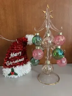 ガラス製クリスマスツリー オーナメントセット サンタ帽子付き