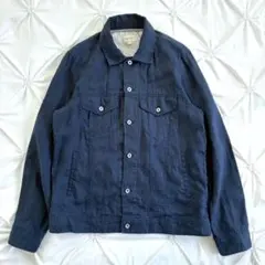 BEAMS リネン(麻)100% シャツ トラッカージャケット型 ネイビー Lのサムネイル