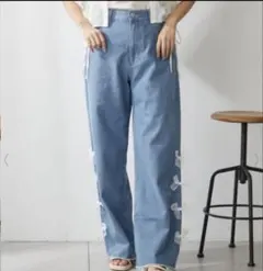 NICE CLAUPサイドリボン付きライトブルーデニムパンツ M