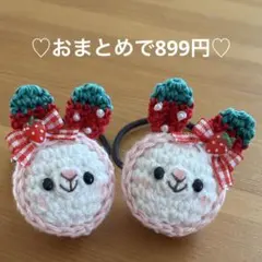 あみぐるみ　ヘアゴム♡【苺の耳】ベビーピンクの苺ずきんうさぎちゃん♡