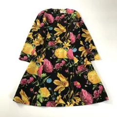 昭和レトロ花柄七分袖ロングワンピースフレアビビット色カラフルブラックピンク古着