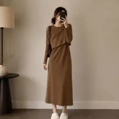 レイヤード風 リブニット ロングワンピース ブラウン