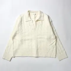 GU スキッパー ニット アイボリー ケーブル編み ポロセーター