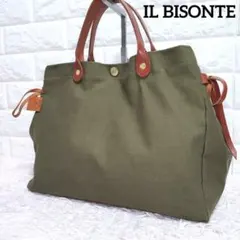 美品IL BISONTEイルビゾンテ サイドレザーリボン キャンバスハンドバッグ